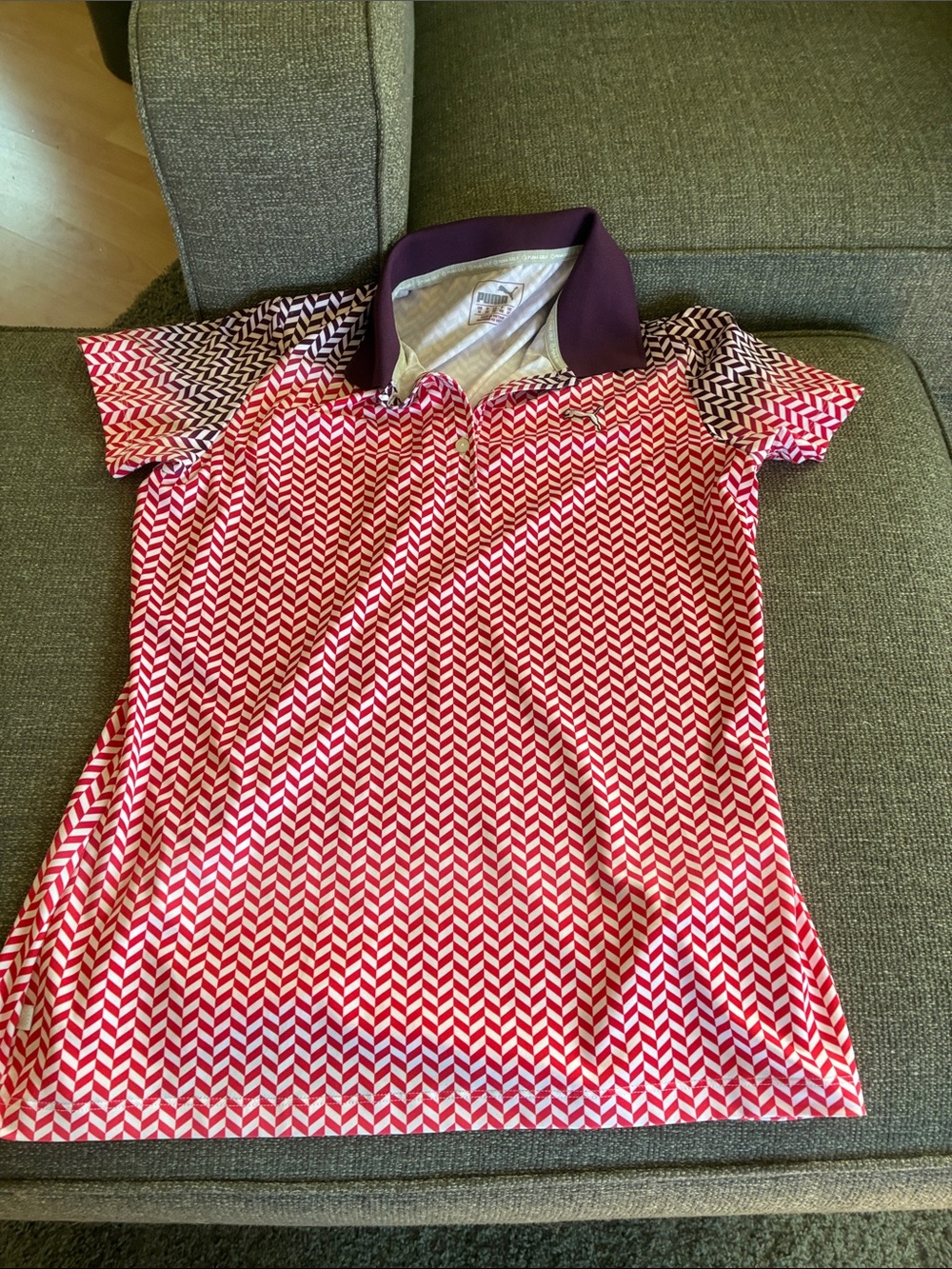 Puma Girls' Red and White Chevron Tank Top with Purple Collar